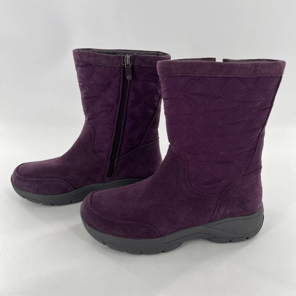 Lands End Snow Boots Suede Leather‎ Calf Womens 7 B Purple Quilted Fleece Lined